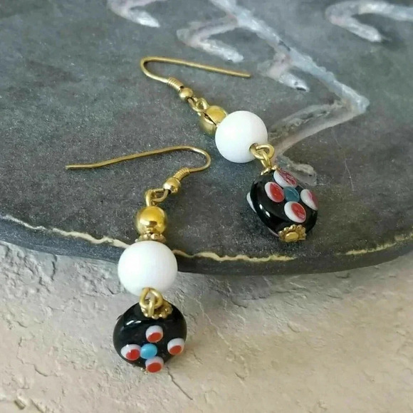 Handmade India Lampwork Glass Black White Red Raw Brass 2" Long Dangle Earrings - Picture 1 of 4